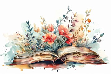Watercolor flowers stack books illustration on white background
