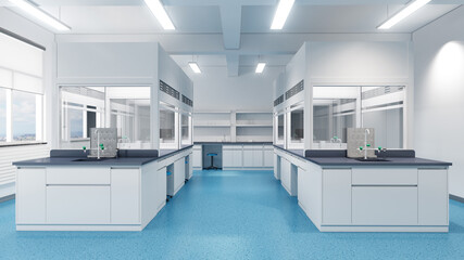 Esthetic and clean modern laboratory full of chemistry equipment. Future analytic biology or microbiology research lab, glass separated working areas. Medical testing room.  - obrazy, fototapety, plakaty
