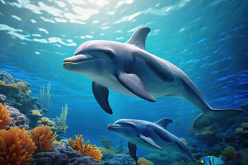 Fototapeta premium Colorful illustration of a dolphin swimming with fish in a tropical reef. Underwater nature scene. AI Generative.
