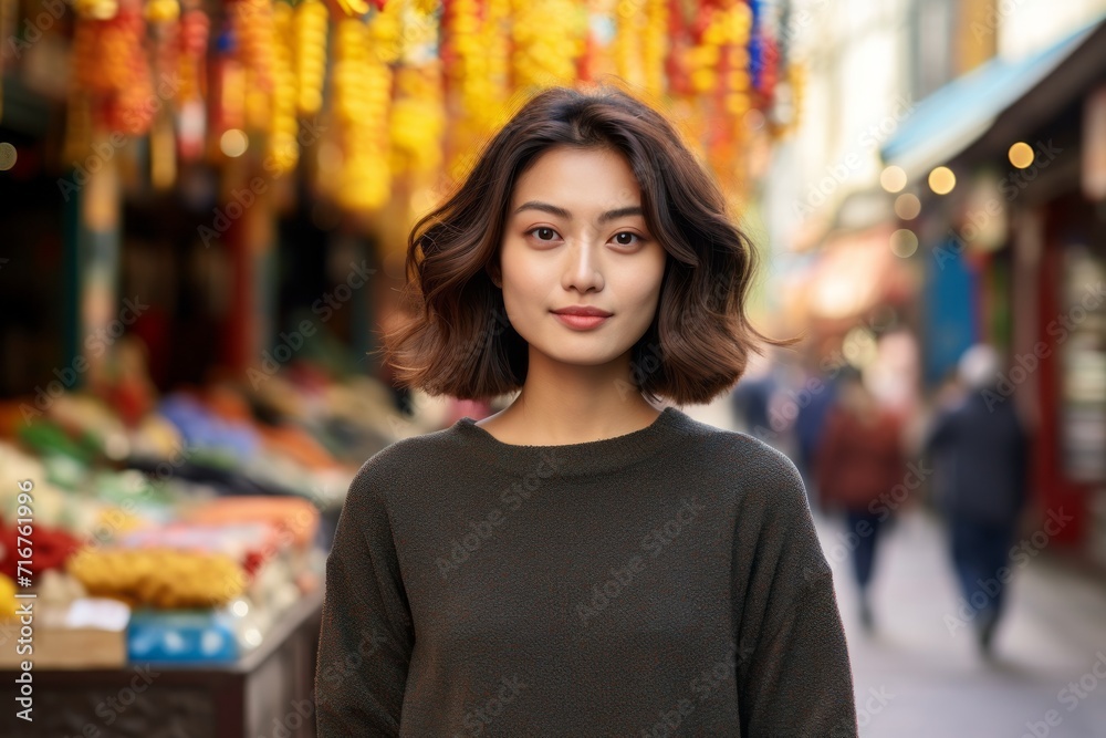 Wall mural Portrait of a content asian woman in her 20s wearing a thermal fleece pullover against a vibrant market street background. AI Generation