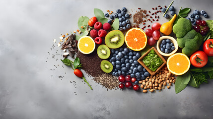 Top view vegetable composition with fruits on the white background,,
illustration of healthy food clean eating selection on gray concrete background Pro Photo