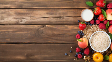 Healthy breakfast food banner with strawberry and apricot. Top view over a rustic wood background. Copy space.