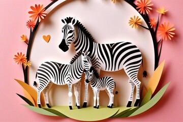 Fototapeta na wymiar Paper cut style illustration of an adorable zebra family surrounded by blooming flowers.Family day and mothers day card concept.