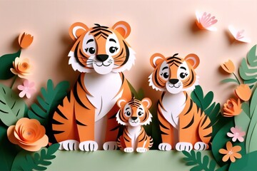 Charming paper-cut illustration featuring a sweet tiger family amidst a field of colorful flowers.Family day and mothers day card concept.