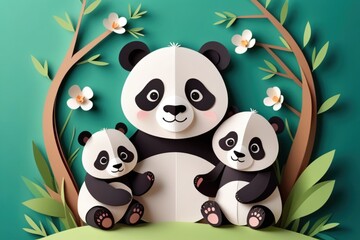 Naklejka premium Charming paper-cut illustration featuring a sweet panda family amidst a field of colorful flowersFamily day and mothers day card concept.
