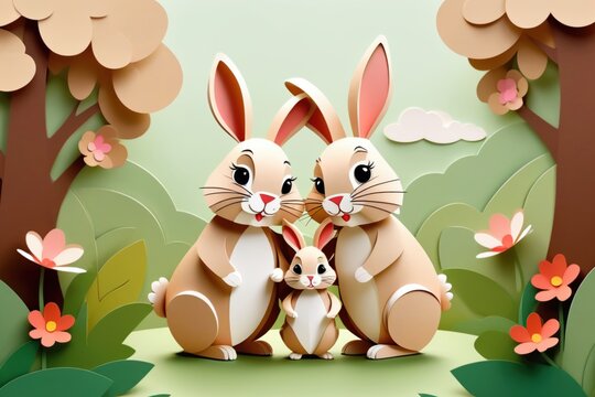 Sweet paper-cut style illustration rabbit family in the forest.Family day and mothers day card concept.
