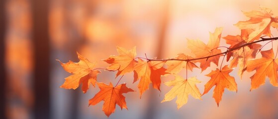 Naklejka na ściany i meble orange autumn maple leaves with soft focus at gold sunset in the forest, autumn background, Generative AI