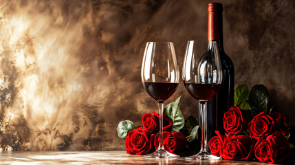 A bottle of wine next to red roses, two wine glasses holding Valentine's Day wine, dating, confessions, Valentine's Day or Women's Day

