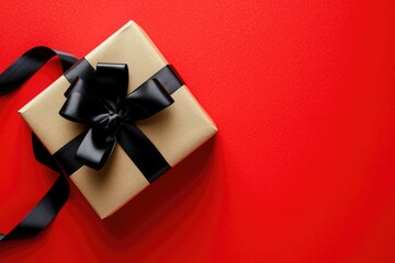 gift box wrapped with black ribbon on red background