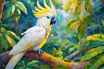 Oil painting style illustration, cockatoo bird in tropical jungle ,cute and adorable wildlif