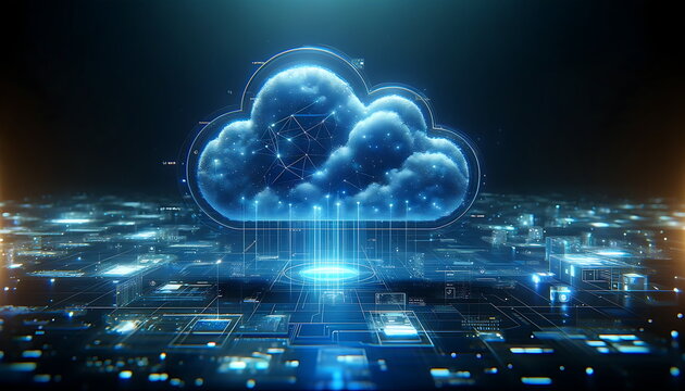 Cloud computing of digital data flow. Digital information technology web futuristic hologram with cloud icon, blue light circuit background