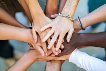 Close-up of a diverse team's hands together in unity