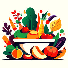 Vegetables and fruits on a plate. Vector illustration in flat style. Generative AI