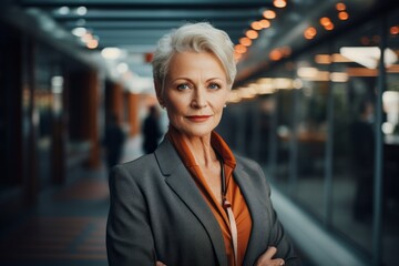 Portrait of a tender woman in her 60s dressed in a stylish blazer against a sophisticated corporate office background. AI Generation - obrazy, fototapety, plakaty