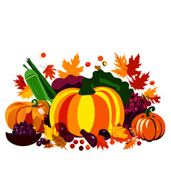 Naklejka premium Autumn harvest of pumpkins and other vegetables. Vector illustration. Generative AI