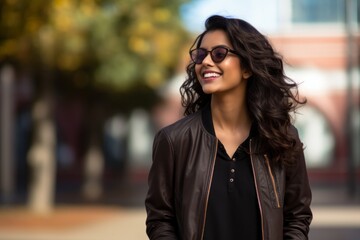 Portrait of a grinning indian woman in her 20s wearing a trendy bomber jacket against a sophisticated corporate office background. AI Generation
