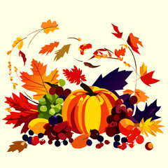 Autumn background with pumpkins, leaves and berries. Vector illustration. AI generated
