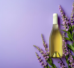 Obraz premium Bottle of pink wine in lavender flowers, on lilac and purple background in pastel colours. Top view with space for text. Advertising photo.