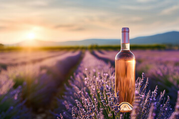 Bottle of white wine in lavender flowers, on lilac and purple lavender field. On a sunny day. Top view with mark for text. Advertising photo. - obrazy, fototapety, plakaty