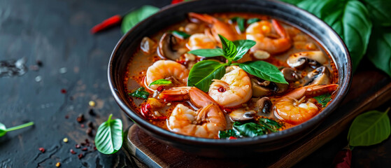  Tom Yum Goong kung, Thai spicy soup with shrimp, mushrooms, lemongrass, chilli, galangal, papeda leaves ,  in a black bowl, close-up. - obrazy, fototapety, plakaty