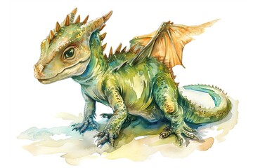 Colorful watercolor cute baby dragon character illustration on a white background