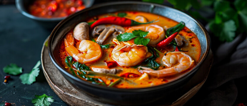  Tom Yum Goong kung, Thai spicy soup with shrimp, mushrooms, lemongrass, chilli, galangal, papeda leaves ,  in a black bowl, close-up.