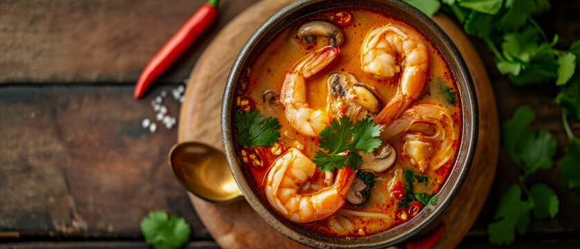  Tom Yum Goong kung, Thai spicy soup with shrimp, mushrooms, lemongrass, chilli, galangal, papeda leaves ,  in a black bowl, close-up.