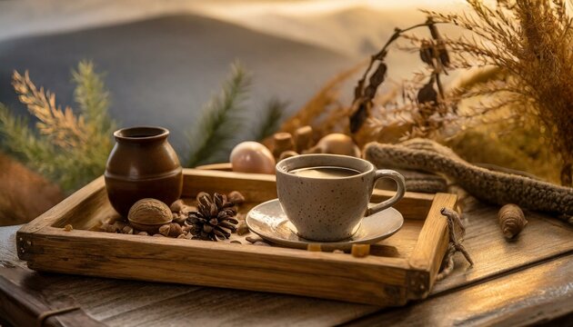 still life with coffee.a cozy scene featuring a wooden tray with warm tones, perhaps adorned with a cup of coffee or tea, conveying a sense of comfort and relaxation.