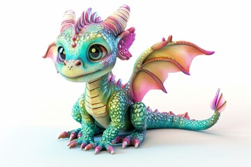 Cute Cartoon Baby Dragon 3d Character illustration on a white background