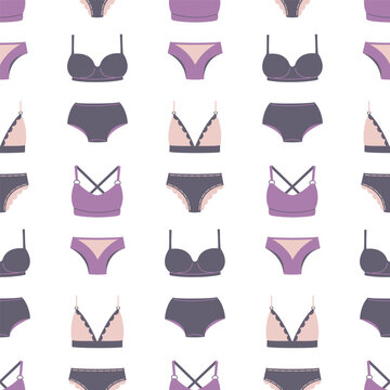 Seamless pattern with women underwear, ladies lingerie. Background with bra and panties. Underclothes, bikini collection