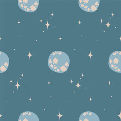 Seamless background with stars and moon or planet on blue. pattern. Wrapping paper.