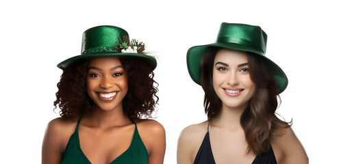 Happy Woman in Green Dress and Hat: Diverse Irish Girl’s Set for St. Patrick’s Day Celebration, Isolated on Transparent Background, PNG - obrazy, fototapety, plakaty