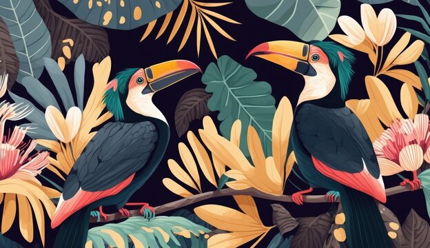 cute hornbill animals with modern colorful tropical floral pattern background. Hand drawn illustration, Generative ai