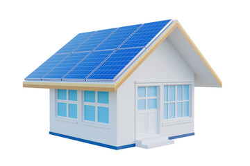 3D rendering of a house with solar photovoltaic panels on the roof. Buildings that use clean energy from the sun modern technology industry - clipping path