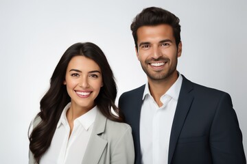 Portrait smiling handsome man and woman in business clothes at light background.Сoncept of real estate managers, bank workers, insurance workers, lawyers.