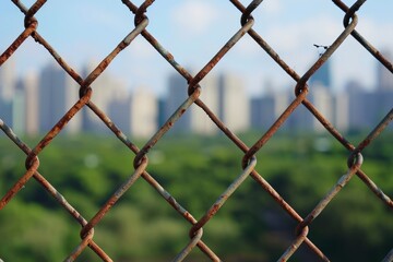 Detailed image of a rusted chain link fence with a blurred urban landscape in the background.