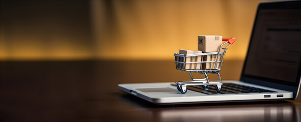 Online shopping concept with a miniature cart standing in front of your laptop
