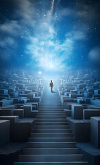 Fototapeta premium A man climbing a ladder into the unknown.