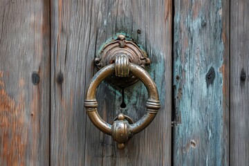 Detailed image of a vintage brass door knocker on a wooden door, with patina and character.