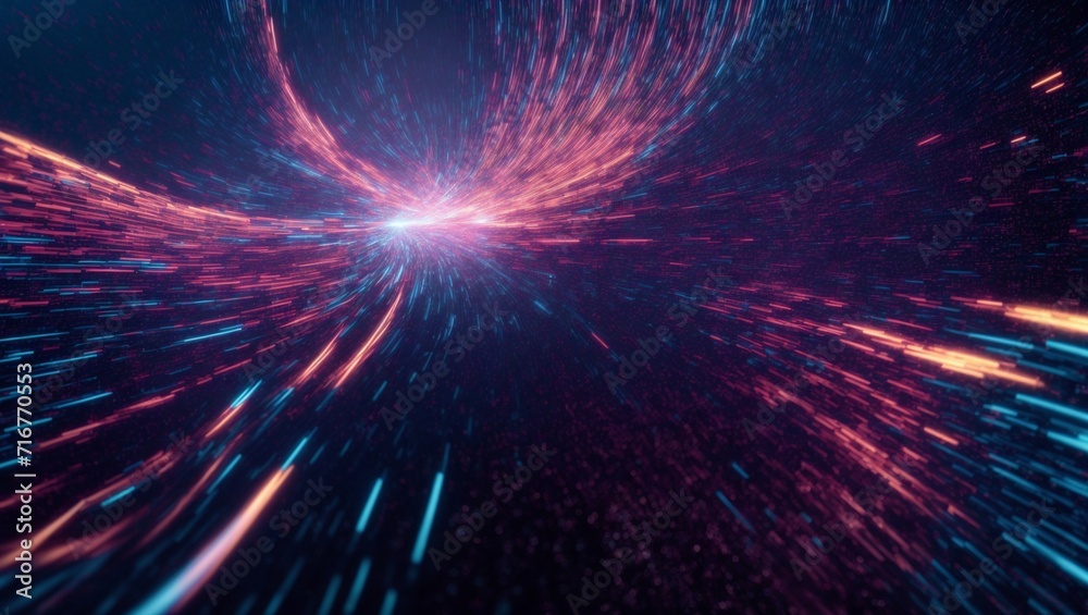 Poster cosmic stream: a mesmerizing abstract image of vibrant pink and blue light streaks converging toward