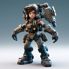 Female mechanic in blue army uniform in a futuristic high-tech robotic exoskeleton, isolated on a neutral background. 3D rendering concept design illustration.