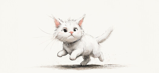 illustrazione con simpatico micetto bianco che corre, gioca, disegno su sfondo bianco - obrazy, fototapety, plakaty