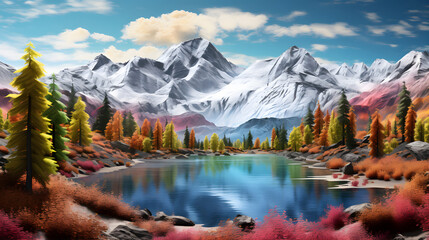 Obraz premium Beautiful watercolor background of mountains and lake with colorful maple trees