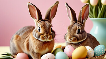 Fototapeta na wymiar Bunny Delight: Easter Eggs with Joyful Surprises