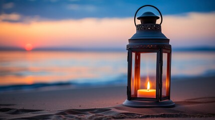 Candle Lantern on a Tranquil Beach at Dusk