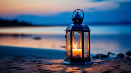 Candle Lantern on a Tranquil Beach at Dusk