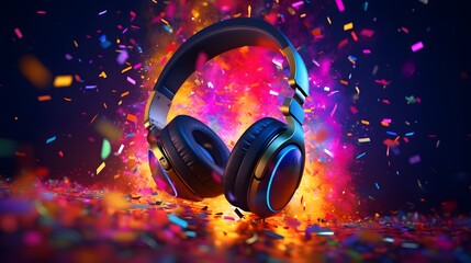 Headphones in colorful party background - obrazy, fototapety, plakaty