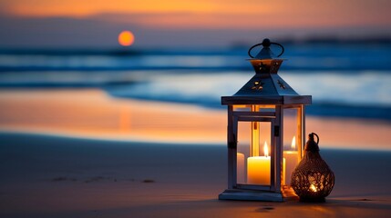 Candle Lantern on a Tranquil Beach at Dusk
