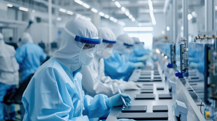 Operator in white clean suit, a cap and a mask at an electronic assembly line soldering copper wire to a circuit board with solder iron and smoke.