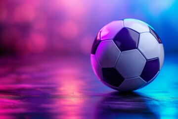 Naklejka premium Soccer ball illuminated with neon purple light on a defocused background, copy the space